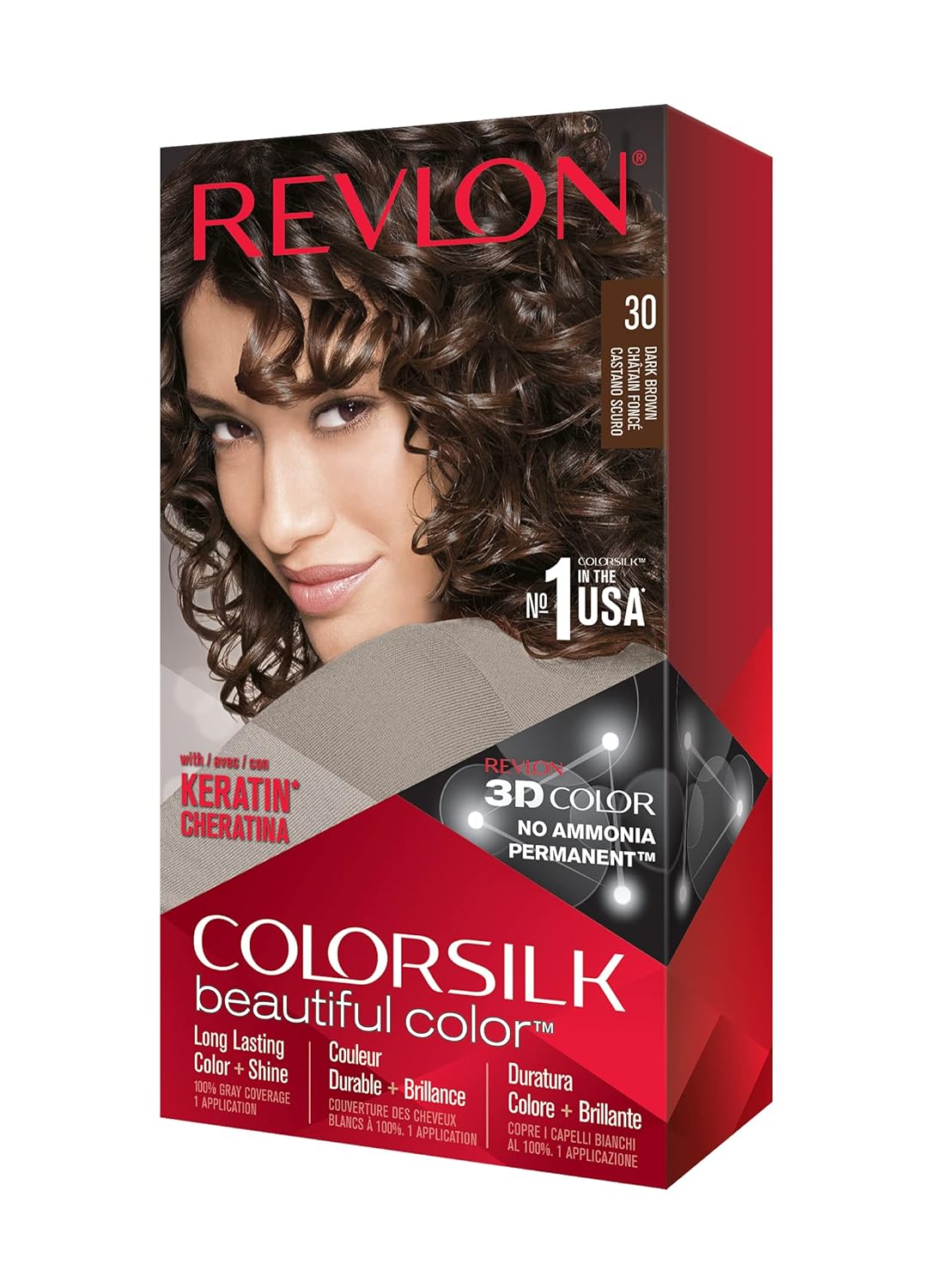 Revlon Colorsilk Beautiful Color, Permanent Hair Dye with Keratin, 100% Gray Coverage, Ammonia Free, 30 Dark Brown