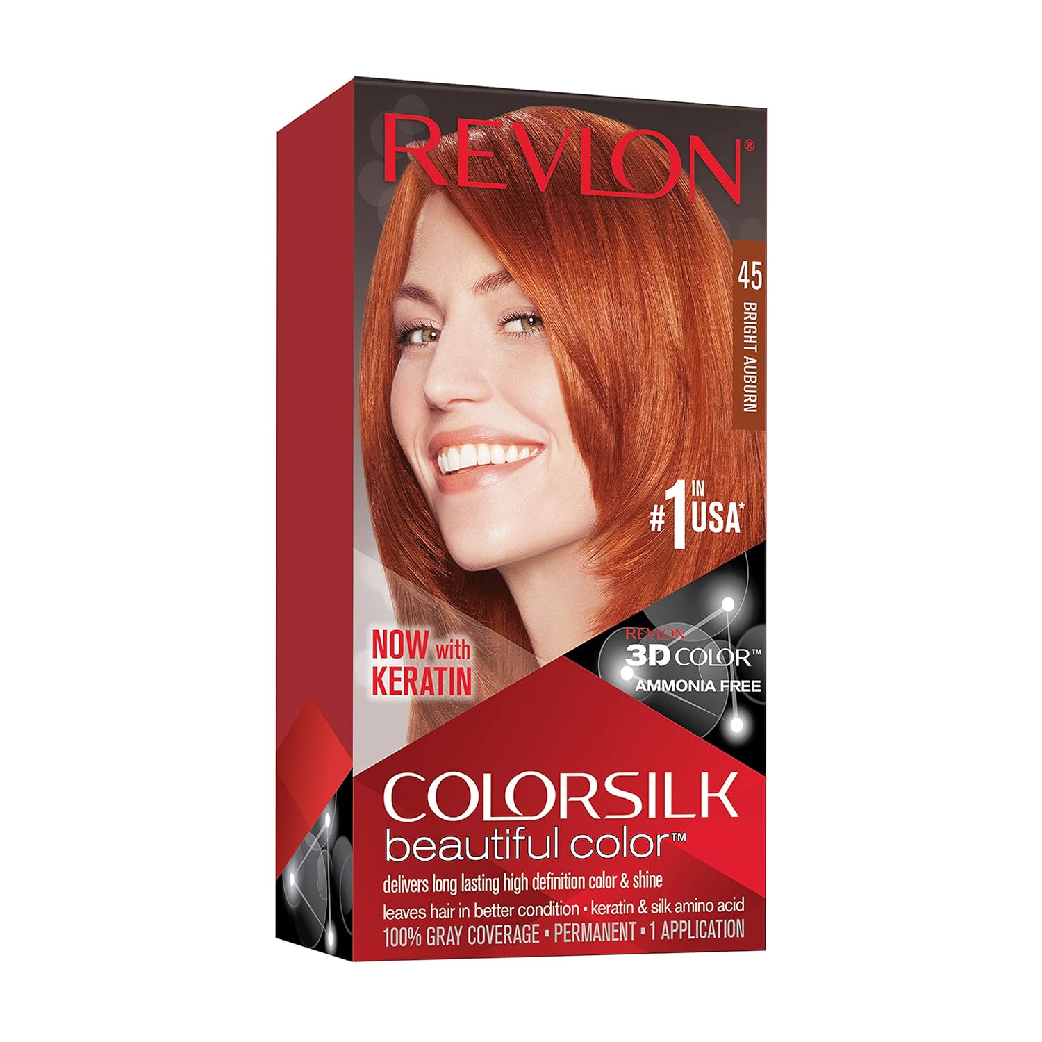 Revlon Permanent Hair Color, Permanent Hair Dye, Colorsilk with 100% Gray Coverage, Ammonia-Free, Keratin and Amino Acids, 45 Bright Auburn, 4.4 Oz