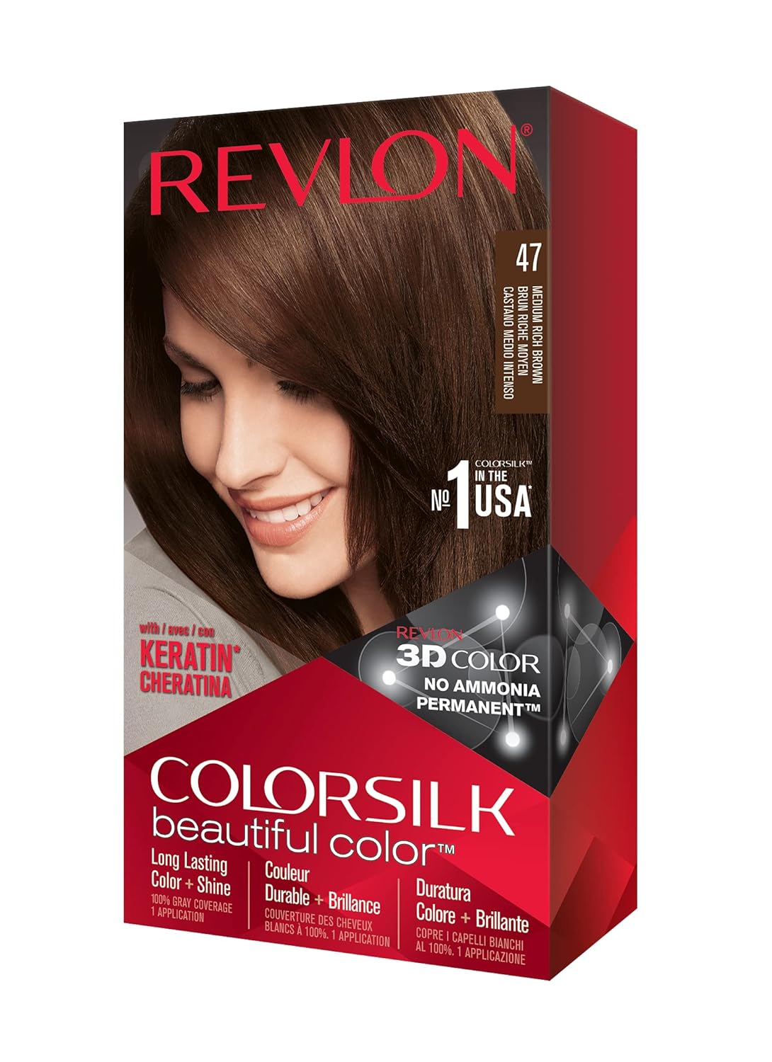 Revlon Permanent Hair Color, Permanent Hair Dye, Colorsilk with 100% Gray Coverage, Ammonia-Free, Keratin and Amino Acids, 47 Medium Rich Brown, 4.4 Oz