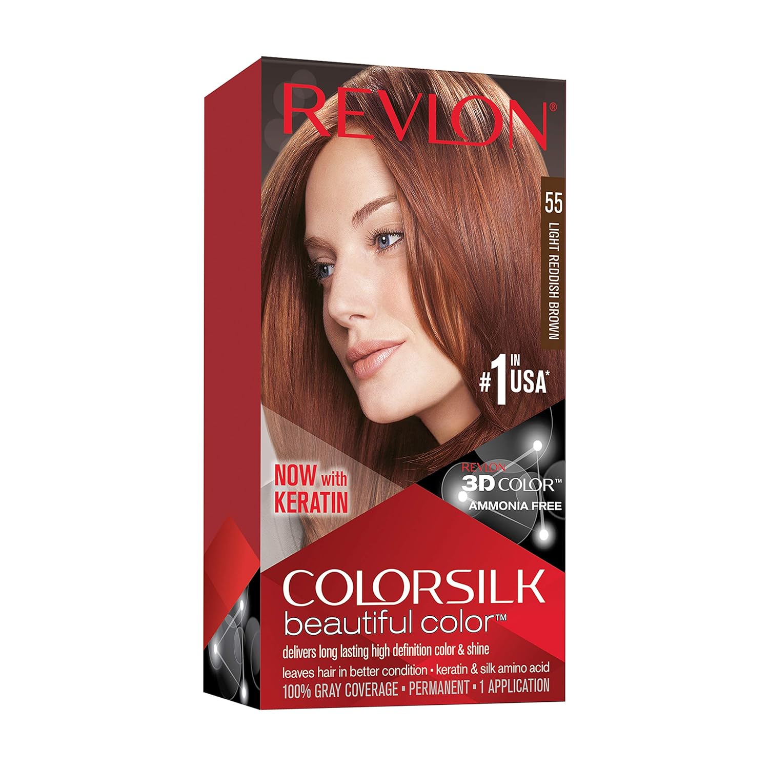Revlon Permanent Hair Color, Permanent Hair Dye, Colorsilk with 100% Gray Coverage, Ammonia-Free, Keratin and Amino Acids, 55 Light Reddish Brown, 4.4 Oz