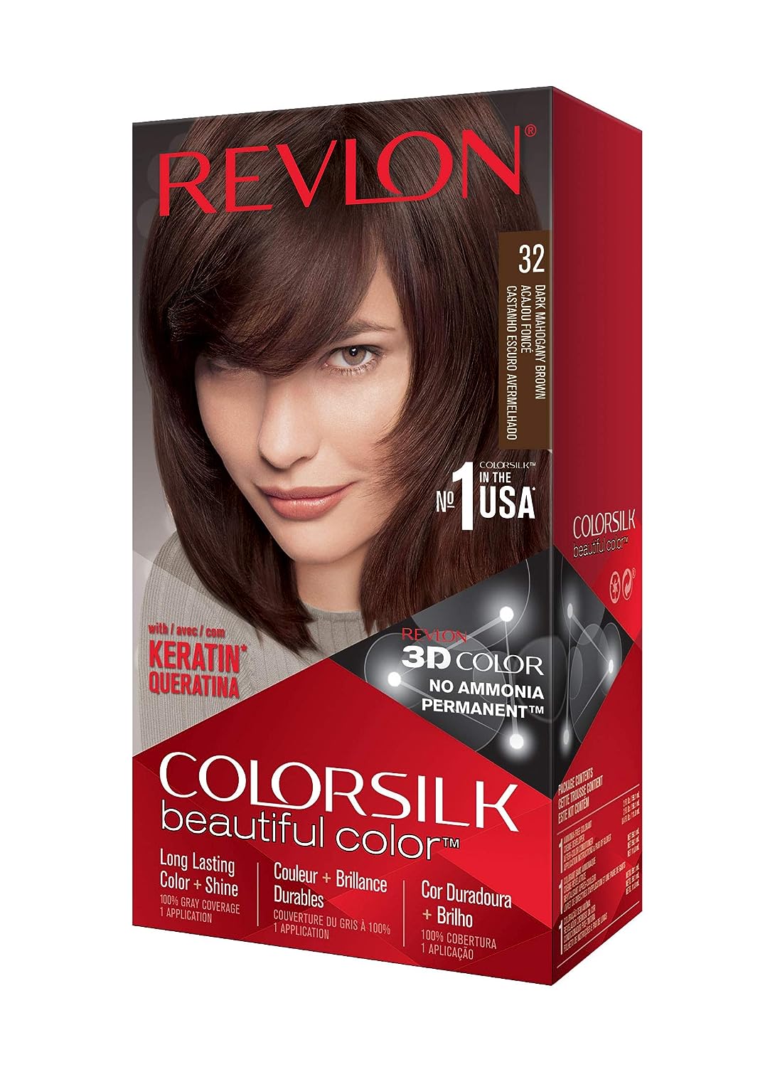 Revlon Permanent Hair Color, Permanent Hair Dye, Colorsilk with 100% Gray Coverage, Ammonia-Free, Keratin and Amino Acids, 32 Dark Mahogany Brown, 4.4 Oz