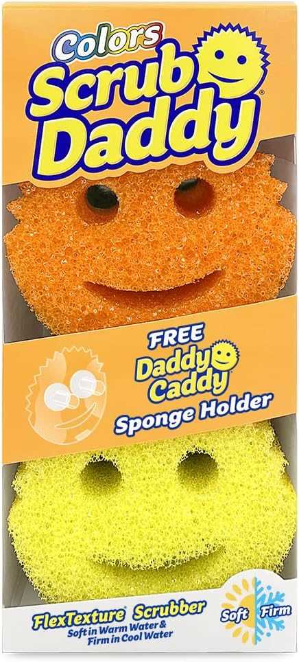 Scrub Daddy Colors 6ct + Daddy Caddy - Scratch-Free Multipurpose Dish Sponge + Sponge Holder - BPA Free & Made with Polymer Foam - Stain & Odor Resistant Kitchen Sponge (6ct)