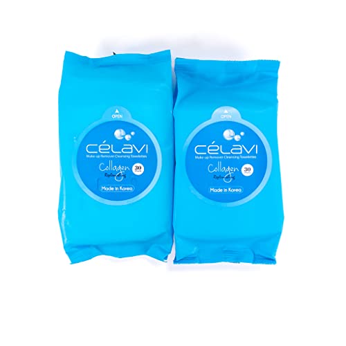 Celavi Makeup Remover Cleansing Wipes Removing Towelettes 2 Packs - 60 Sheets (Collagen)