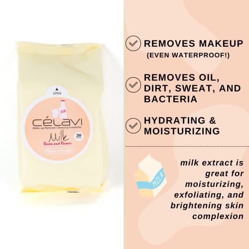 Celavi Makeup Remover Cleansing Wipes Removing Towelettes 2 Packs - 60 Sheets (Milk)