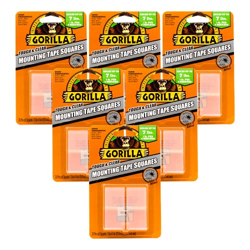 Gorilla Tough & Clear Double Sided Tape Squares, 24 1" Pre-Cut Mounting Squares, Clear, (Pack of 6)