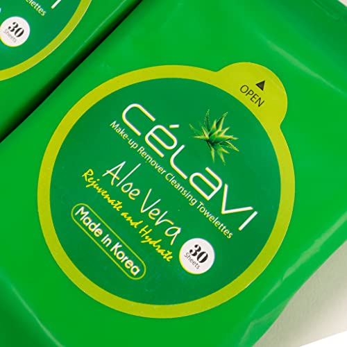Celavi Makeup Remover Cleansing Wipes Removing Towelettes 2 Packs - 60 Sheets (Aloe Vera)