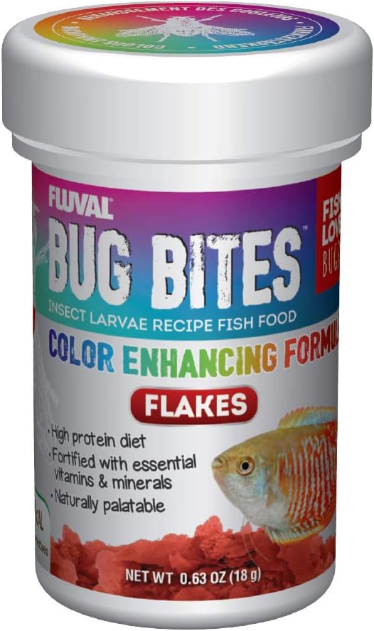 Fluval Bug Bites Color Enhancing Fish Food for Tropical Fish, Flakes for Small to Medium Sized Fish, 0.63 oz., A7346, Brown