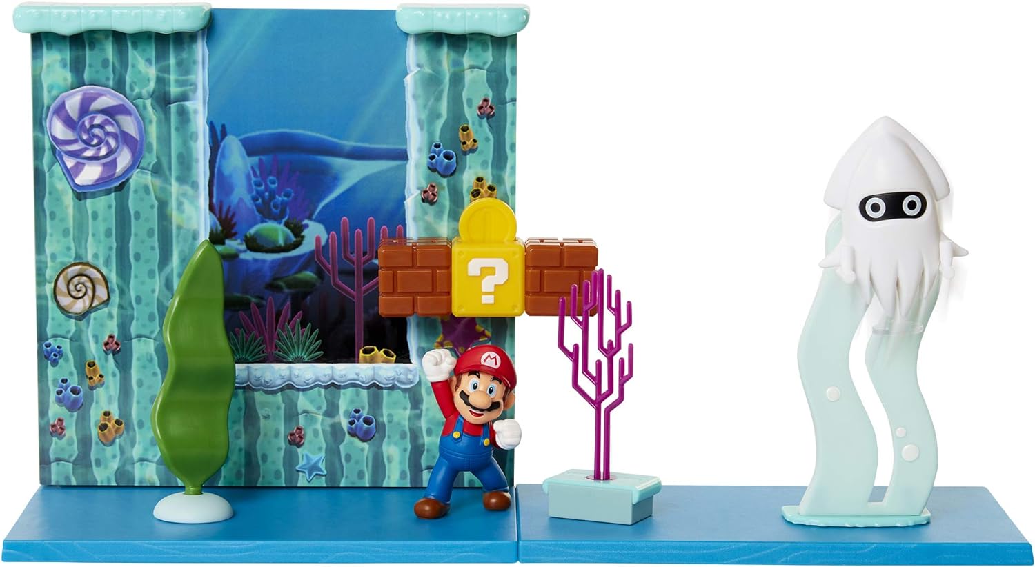 Super Mario Underwater Playset with Interactive Enviromentpiece, 2.5" Articulated Mario Figure & Blooper Squid Figure - Collect & Create Your Mario World!, 400182