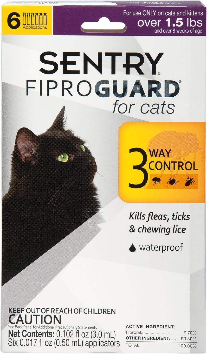 SENTRY Fiproguard for Cats, Flea and Tick Prevention for Cats (1.5 Pounds and Over), Includes 6 Month Supply of Topical Flea Treatments