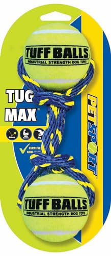 PetSport Tug Max Dog Toys | 9" Heavy Duty Braided Rope with Two 2.5" Tuff Durable Tennis Balls, Colors Will Vary (Pack of 1)