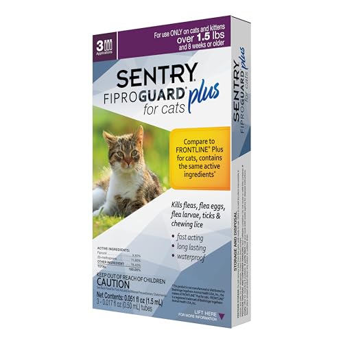 SENTRY Fiproguard Plus for Cats, Flea and Tick Prevention for Cats (1.5 Pounds and Over), Includes 3 Month Supply of Topical Flea Treatments