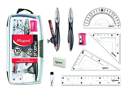 Maped Study Geometry 10 Piece Set, Includes 2 Metal Study Compasses, 2 Triangles, 6 Ruler, 4 Protractor, Pencil for Compass, Pencil Sharpener, Eraser, Lead Refill (897010)