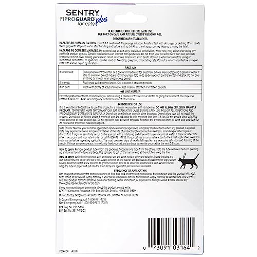 SENTRY Fiproguard Plus for Cats, Flea and Tick Prevention for Cats (1.5 Pounds and Over), Includes 3 Month Supply of Topical Flea Treatments