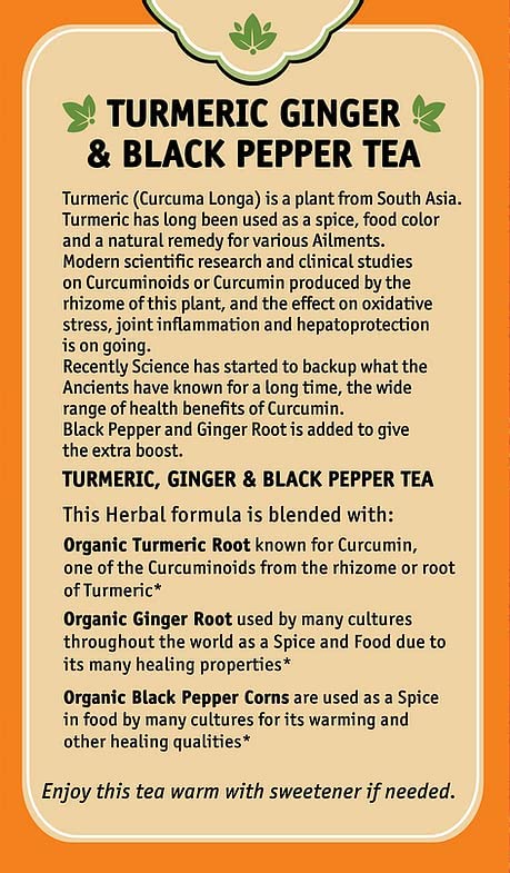 Herbal Cup Ayurveda Turmeric Tea, Organic Ginger & Black Pepper, No Caffeine Herbal Supplement (16 Count, Pack of 1)