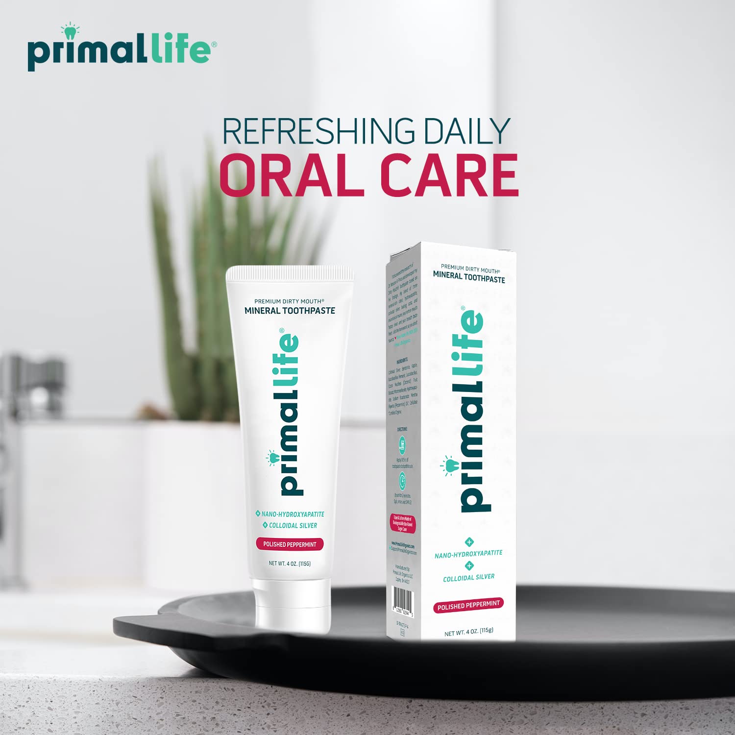 Primal Life Organics Premium Dirty Mouth Mineral Toothpaste - Nano-Hydroxyapatite, Colloidal Silver, Charcoal - Organic, All Natural Whitening Formula (Spearmint Flavor, 4 Oz)