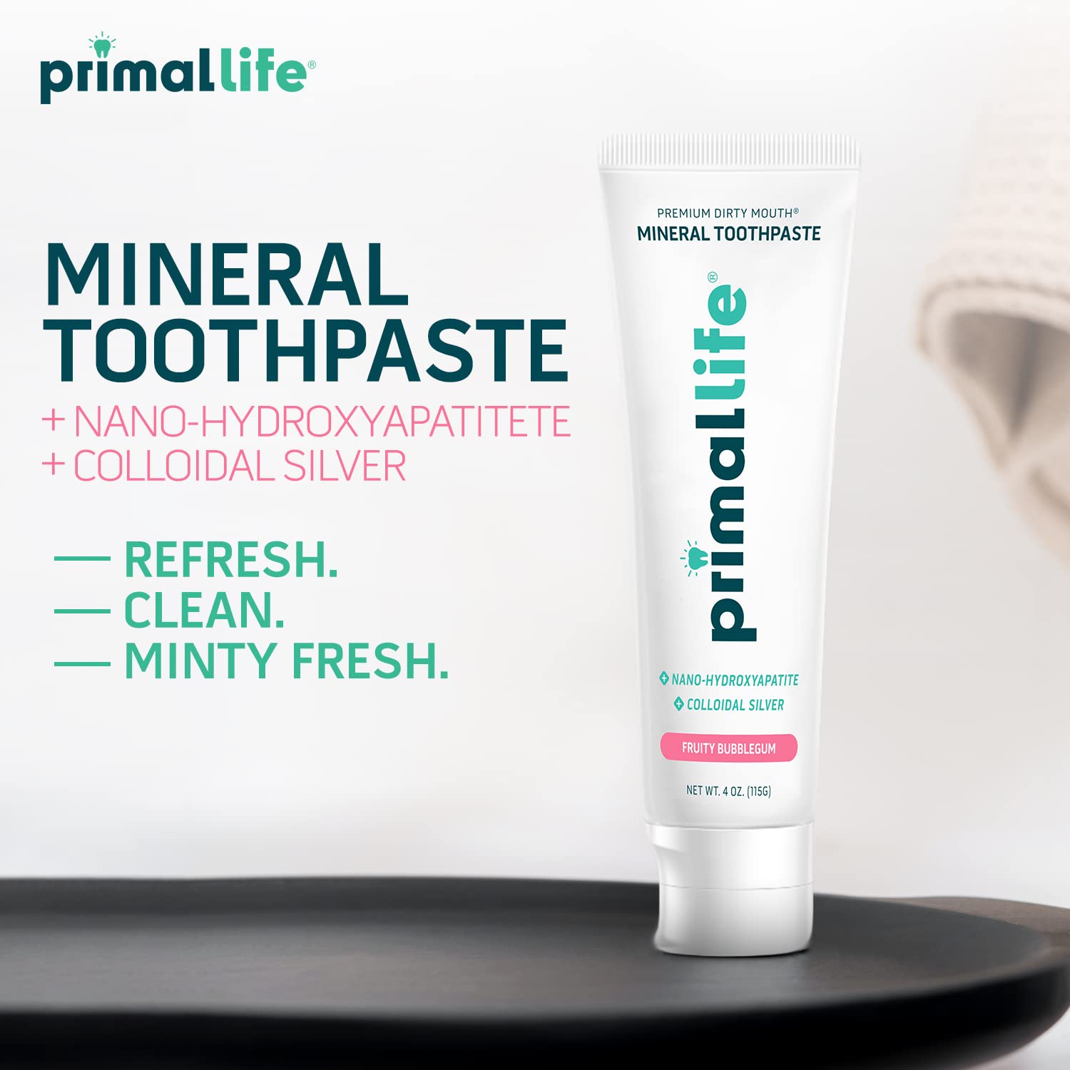 Primal Life Organics Premium Dirty Mouth Mineral Toothpaste - Nano-Hydroxyapatite, Colloidal Silver, Charcoal - Organic, All Natural Whitening Formula (Spearmint Flavor, 4 Oz)