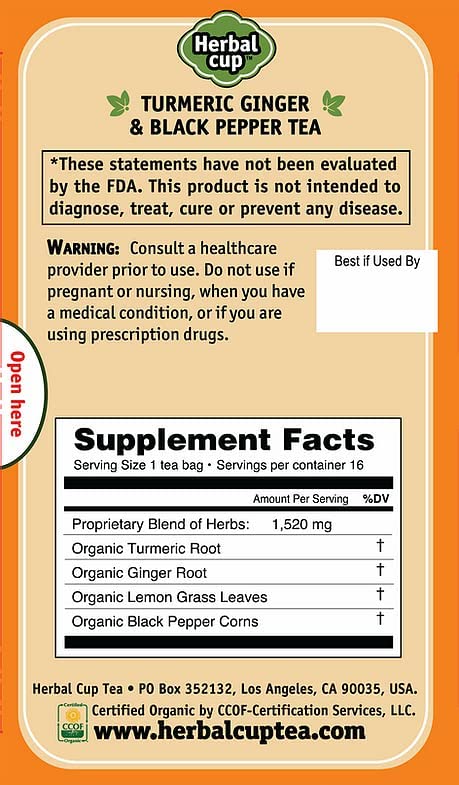 Herbal Cup Ayurveda Turmeric Tea, Organic Ginger & Black Pepper, No Caffeine Herbal Supplement (16 Count, Pack of 1)