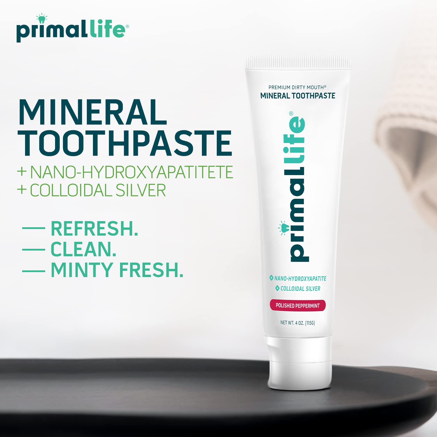 Primal Life Organics Premium Dirty Mouth Mineral Toothpaste - Nano-Hydroxyapatite, Colloidal Silver, Charcoal - Organic, All Natural Whitening Formula (Spearmint Flavor, 4 Oz)