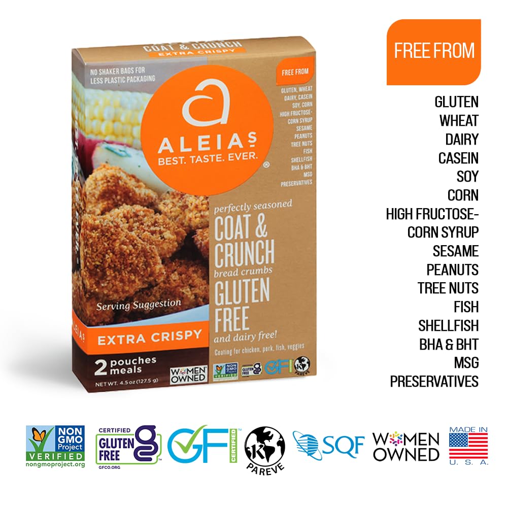 ALEIA'S BEST. TASTE. EVER. EXTRA CRISPY COAT & CRUNCH - 4.5 OZ / 1 PACK – CRISPY BREADING FOR POULTRY, MEAT, SEAFOOD, VEGETABLES - CERTIFIED GLUTEN FREE, NON-GMO, DAIRY FREE, LOW SODIUM, KOSHER