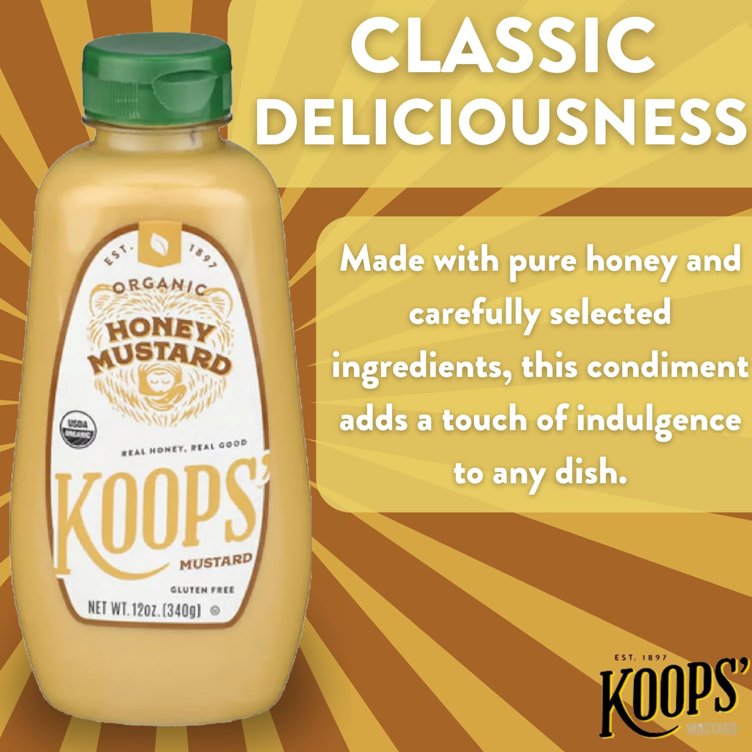 Koops' Organic Stone Ground Mustard – Old-Fashioned Mustard, Gluten-Free, Kosher, Non-GMO, USDA Certified Organic Mustard, Made in USA, From Quality Mustard Seeds – 12 Oz, Pack of 1