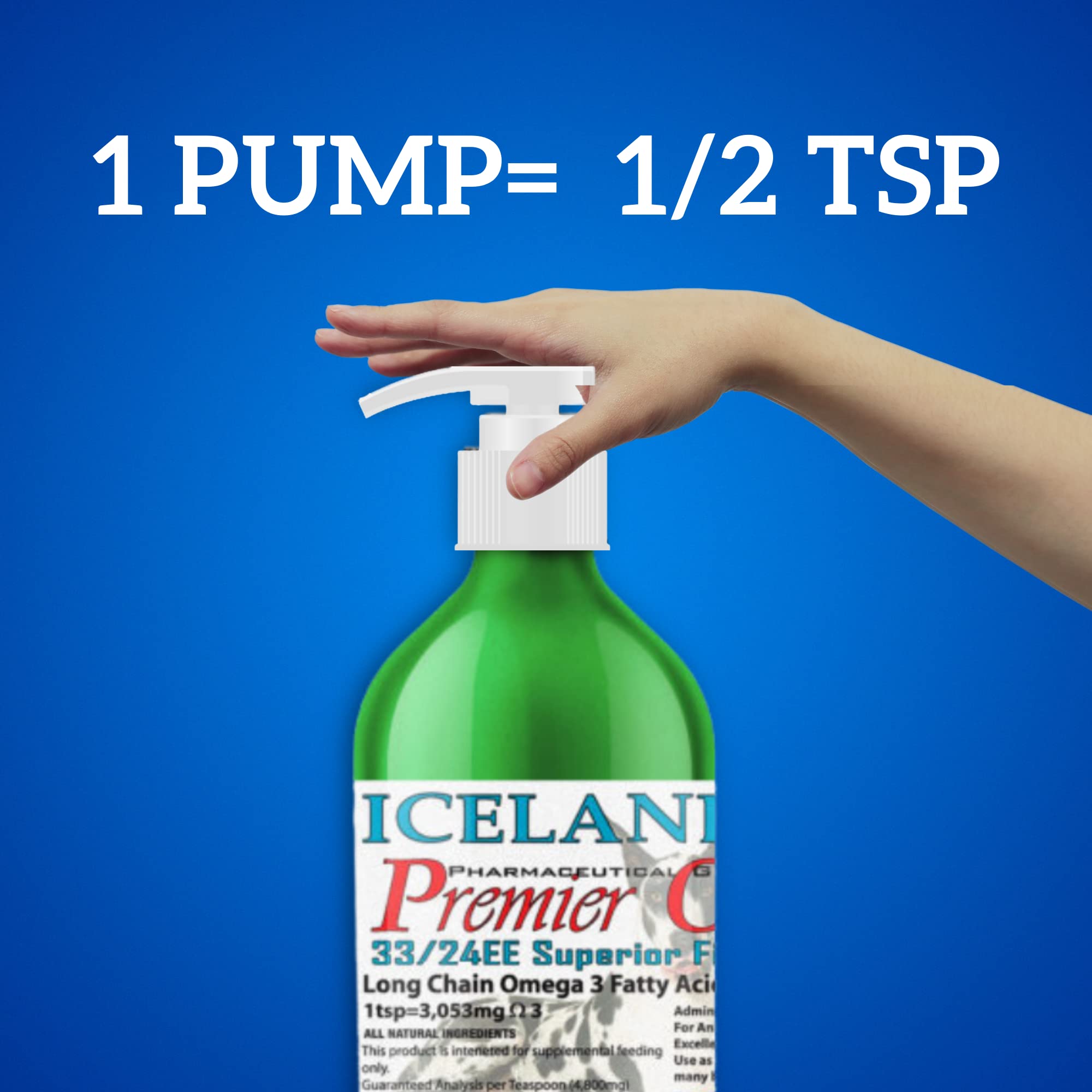 Premier Omega Fish Oil Supplement by Iceland Pure | Wild Caught | 3053mg of Omega-3 per teaspoon | For Large Dog Breeds | Ethyl Ester Distillation | Pump Bottle BPA Free Brushed Aluminum 17Oz