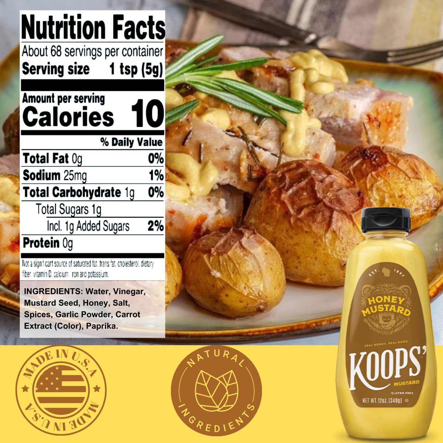 Koops' Organic Stone Ground Mustard – Old-Fashioned Mustard, Gluten-Free, Kosher, Non-GMO, USDA Certified Organic Mustard, Made in USA, From Quality Mustard Seeds – 12 Oz, Pack of 1