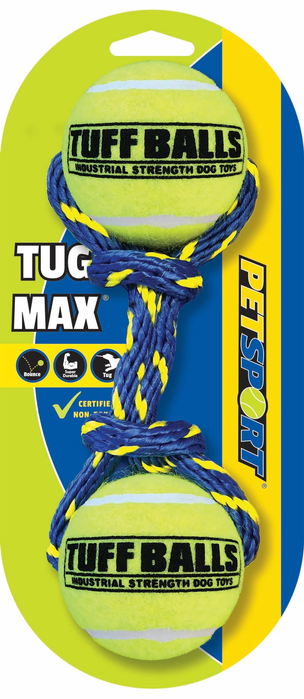 PetSport Tug Max Dog Toys | 9" Heavy Duty Braided Rope with Two 2.5" Tuff Durable Tennis Balls, Colors Will Vary (Pack of 1)