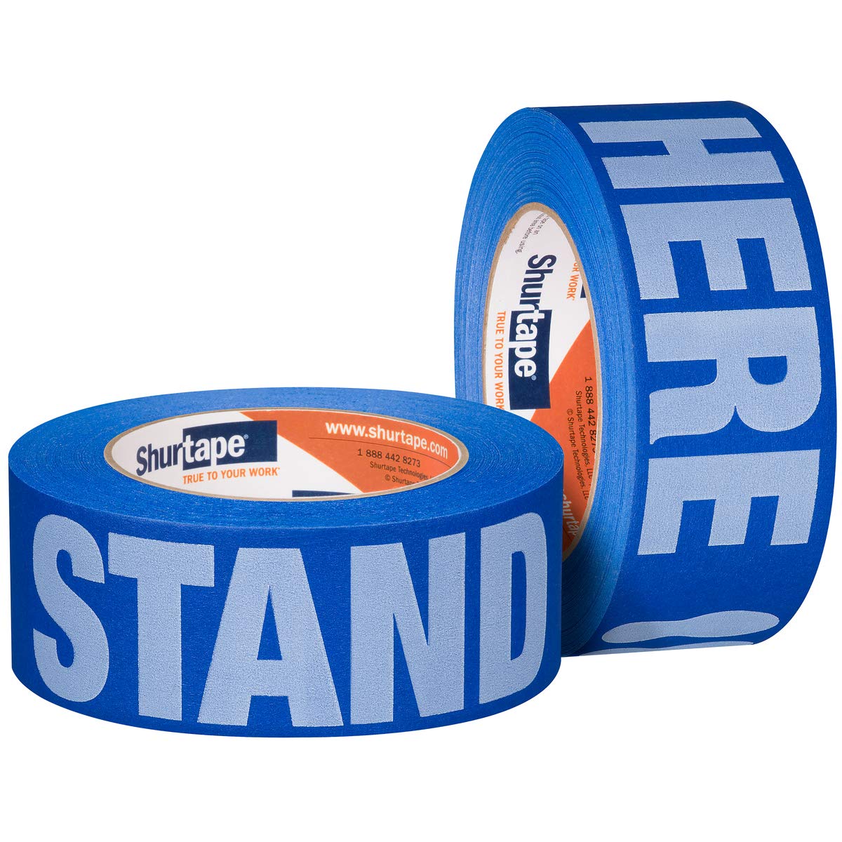 Shurtape 105156 CP 27P Multi-Surface Floor Masking Tape for Social Distancing with ‘Stand Here’ Messaging, 48mm x 55m, Over 100ft per Roll, Blue