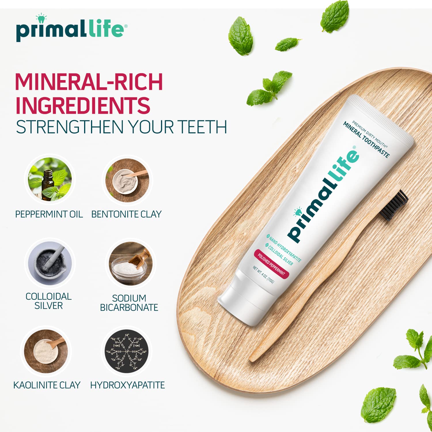 Primal Life Organics Premium Dirty Mouth Mineral Toothpaste - Nano-Hydroxyapatite, Colloidal Silver, Charcoal - Organic, All Natural Whitening Formula (Spearmint Flavor, 4 Oz)