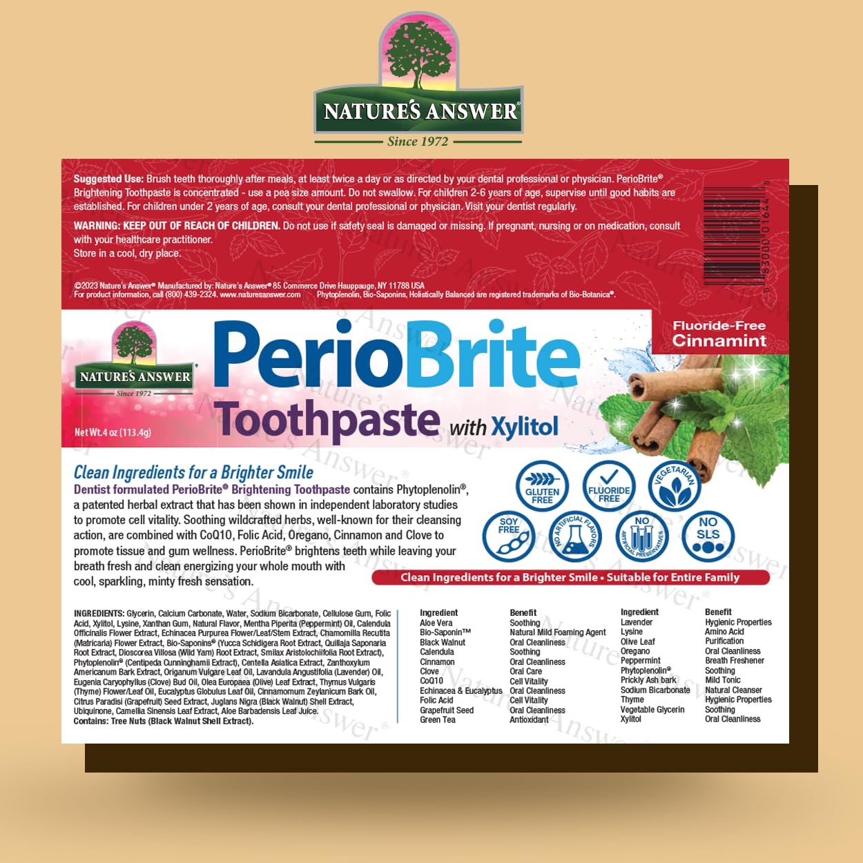 Nature's Answer PerioBrite Toothpaste, Cool Mint, 4-Ounce (Pack of 2) Fluoride Free with CoQ10 & Folic Acid | Whitens Teeth | Freshens Breath | Removes Plaque | Minimizes Dry Mouth
