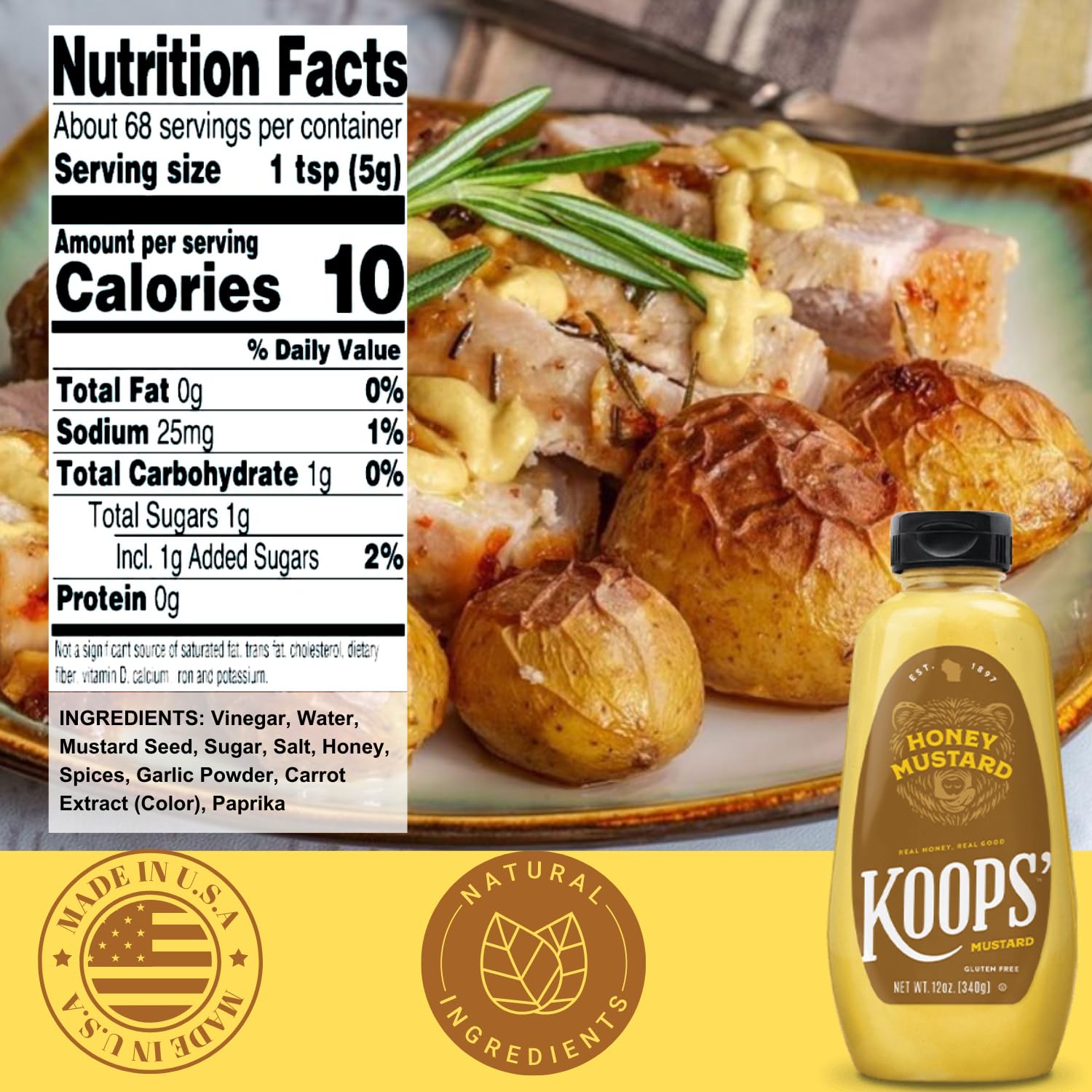 Koops' Organic Stone Ground Mustard – Old-Fashioned Mustard, Gluten-Free, Kosher, Non-GMO, USDA Certified Organic Mustard, Made in USA, From Quality Mustard Seeds – 12 Oz, Pack of 1