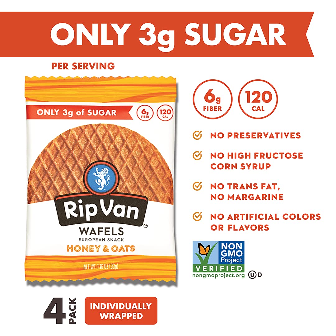Rip Van Wafels Snack Wafels, Honey and Oats, 1.2oz, 16 Count