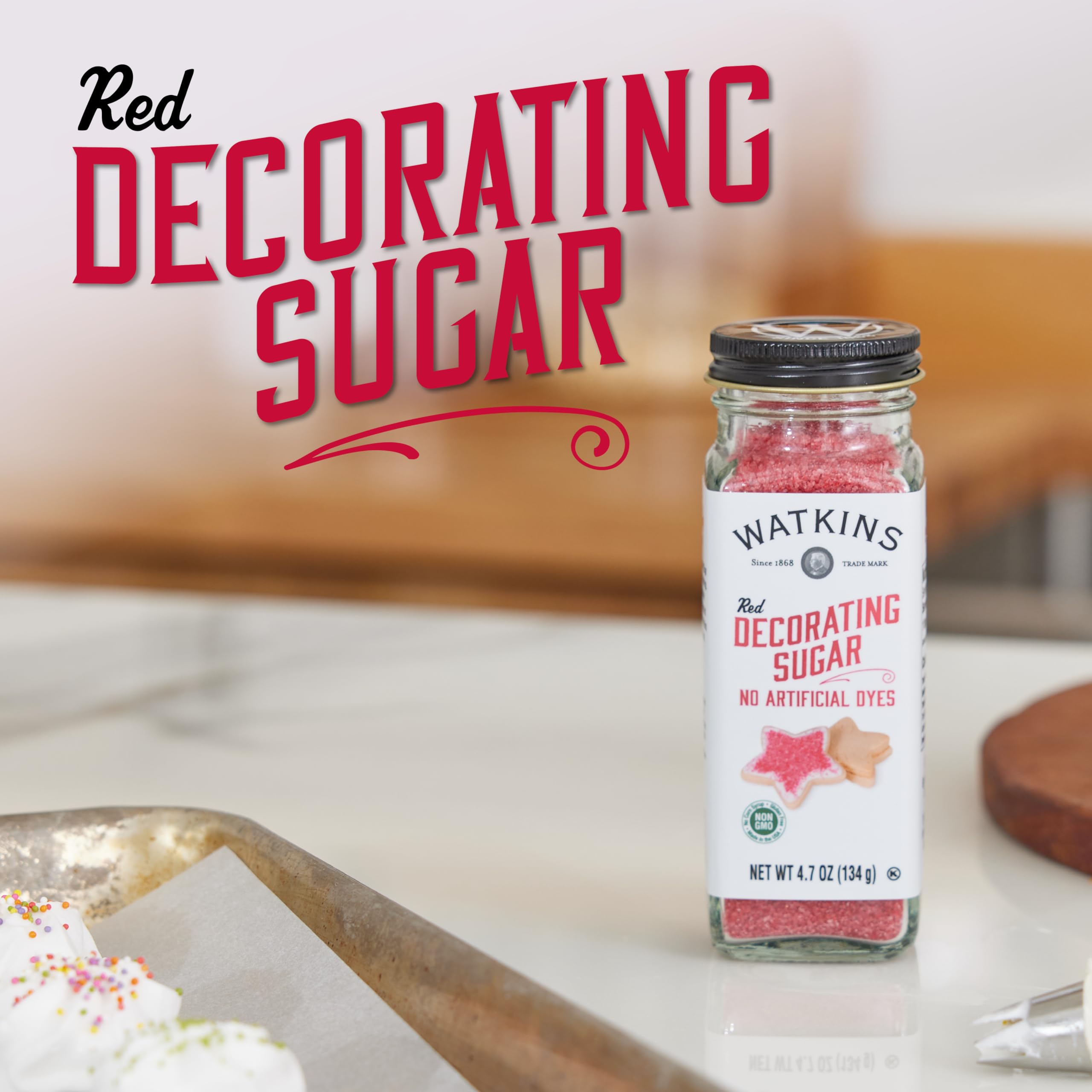Watkins Red Decorating Sugar, Non-GMO, Kosher, 4.7 Ounce Jar, 1-Pack