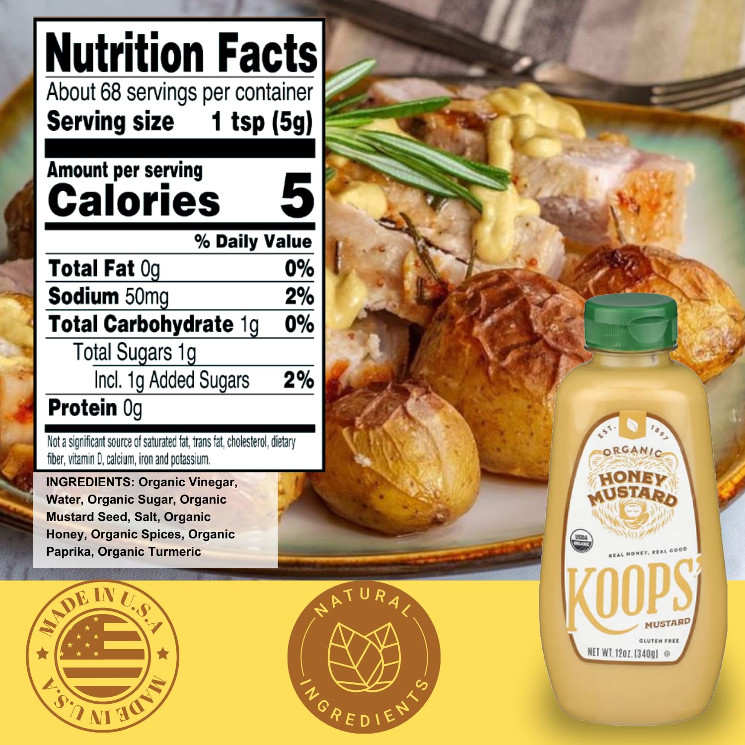 Koops' Organic Stone Ground Mustard – Old-Fashioned Mustard, Gluten-Free, Kosher, Non-GMO, USDA Certified Organic Mustard, Made in USA, From Quality Mustard Seeds – 12 Oz, Pack of 1