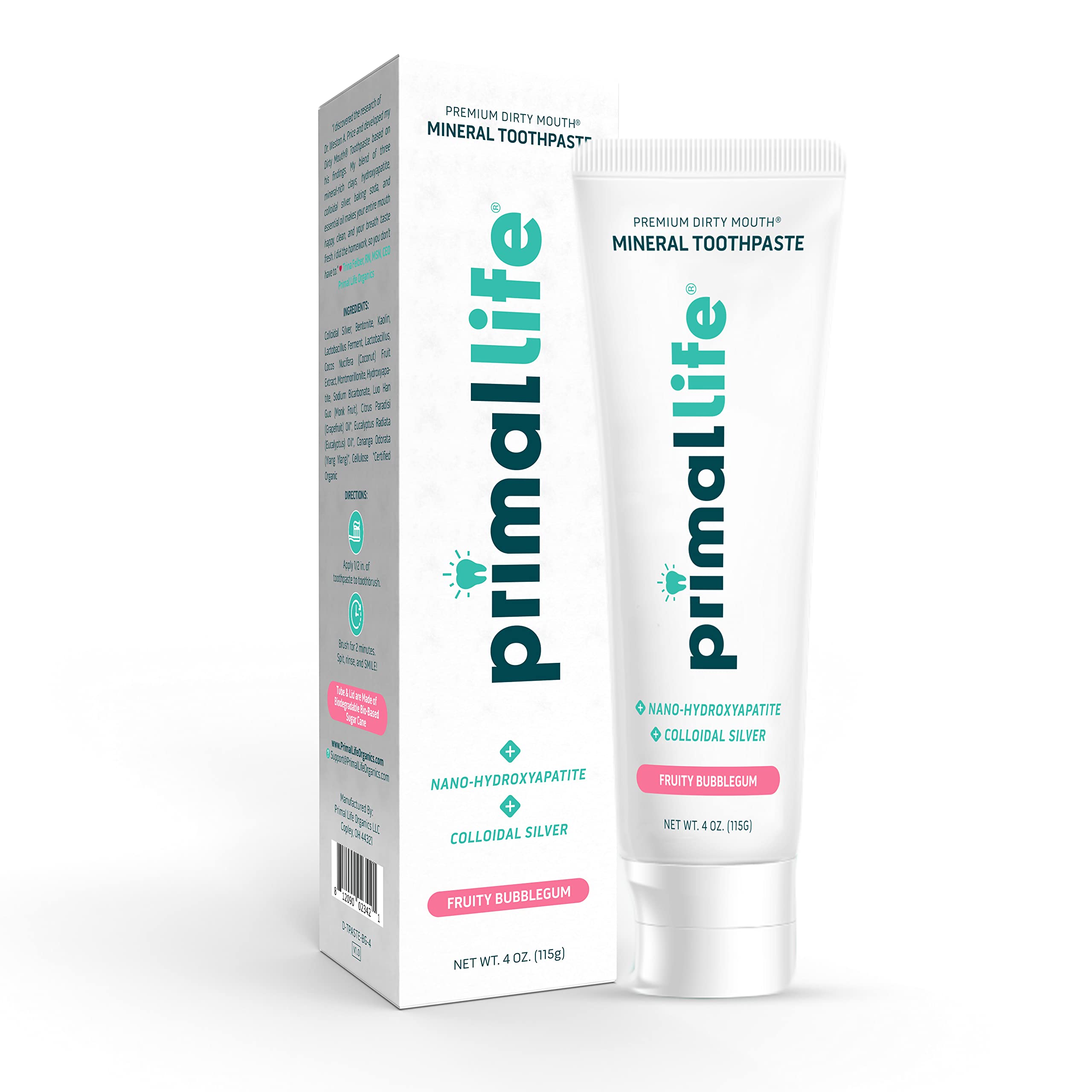 Primal Life Organics Premium Dirty Mouth Mineral Toothpaste - Nano-Hydroxyapatite, Colloidal Silver, Charcoal - Organic, All Natural Whitening Formula (Spearmint Flavor, 4 Oz)