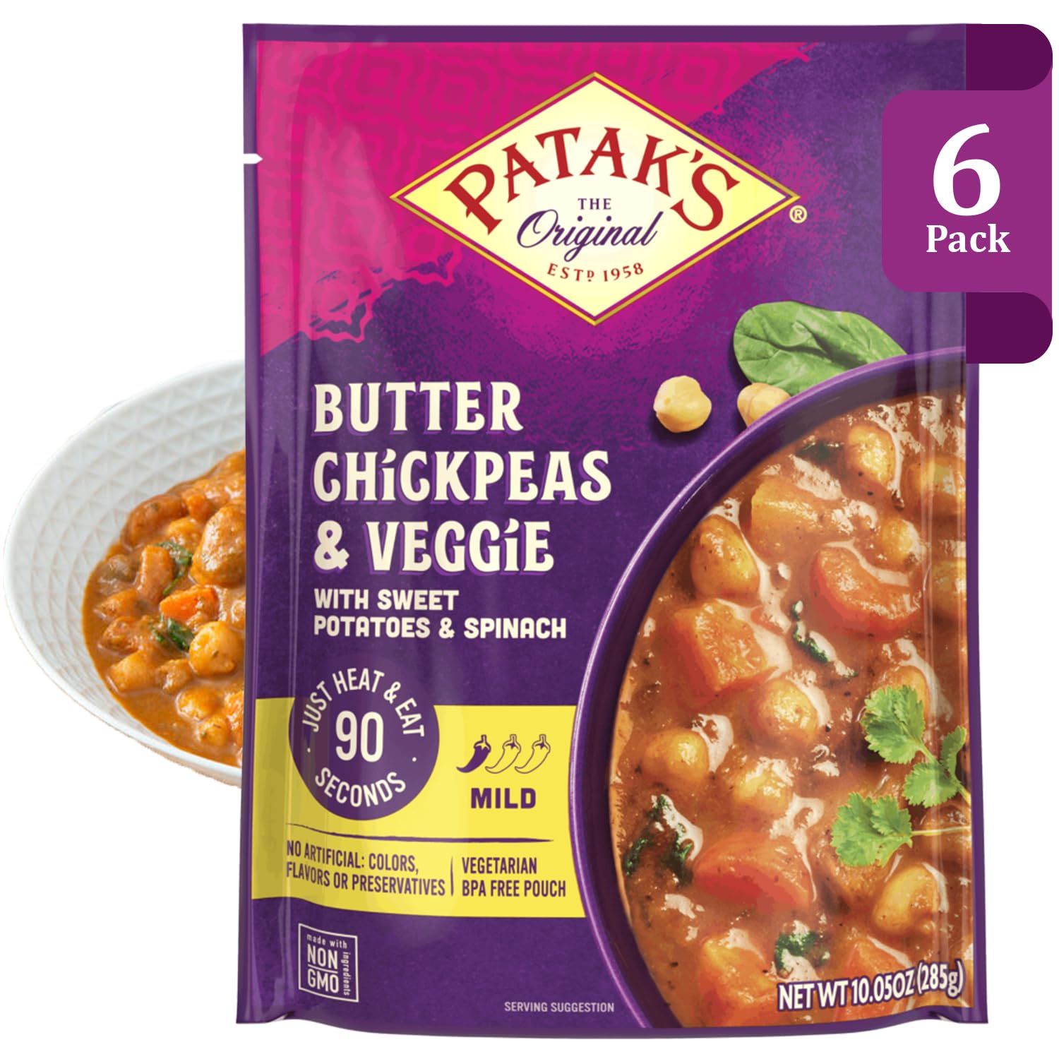 Patak’s Lentil & Veggie Tikka Masala - Vegetarian Indian Curry w/Lentils, Beans, Pumpkin, Sweet Potatoes & Vegetables - Ready-to-Eat Microwaveable Meal - Serve with Rice or Naan - 10.5oz (Pack of 6)