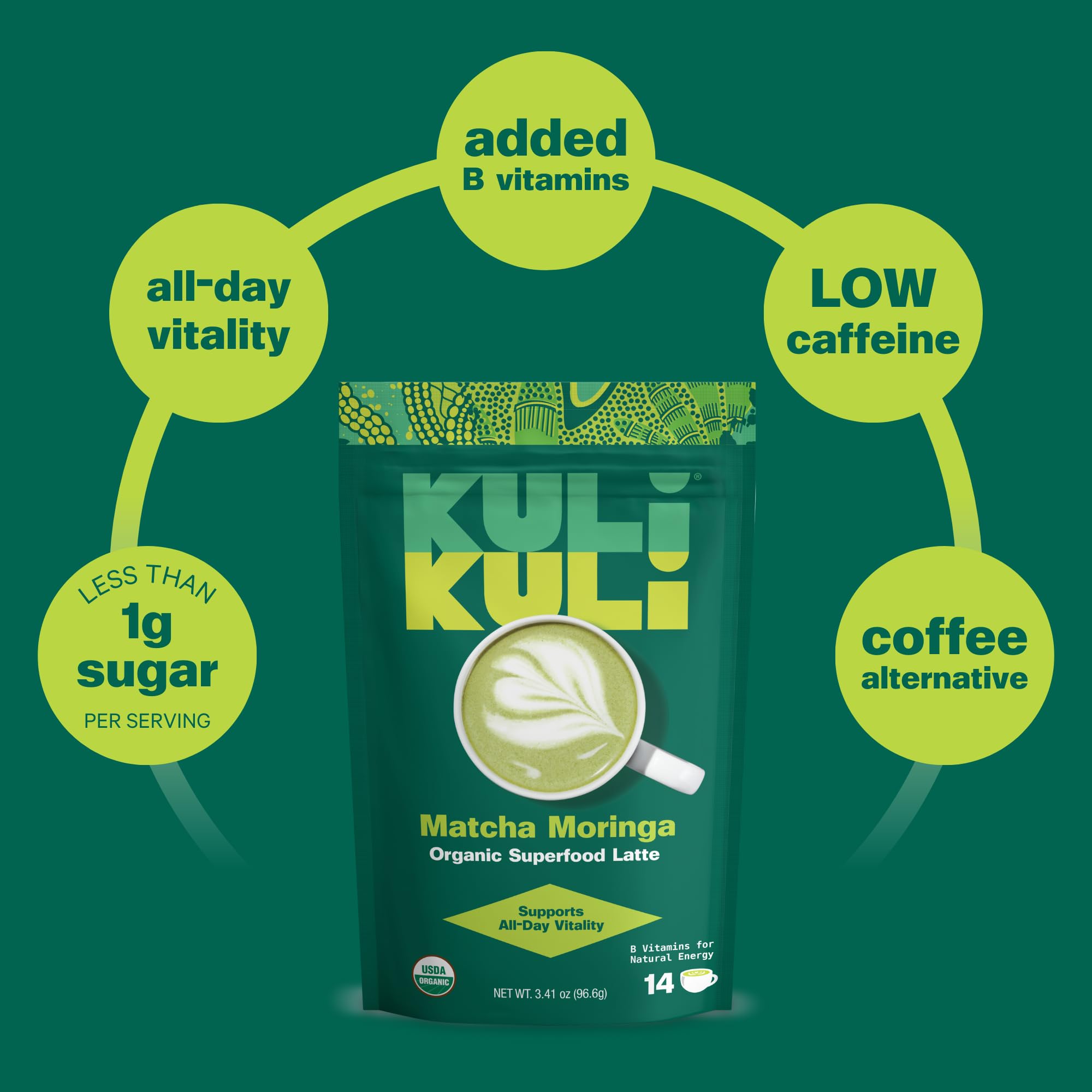 Kuli Kuli Matcha Moringa Organic Superfood Latte - Matcha Green Tea Powder for Natural Caffeine & Antioxidants with Moringa and Lion’s Mane for Cognitive Support and Mental Focus
