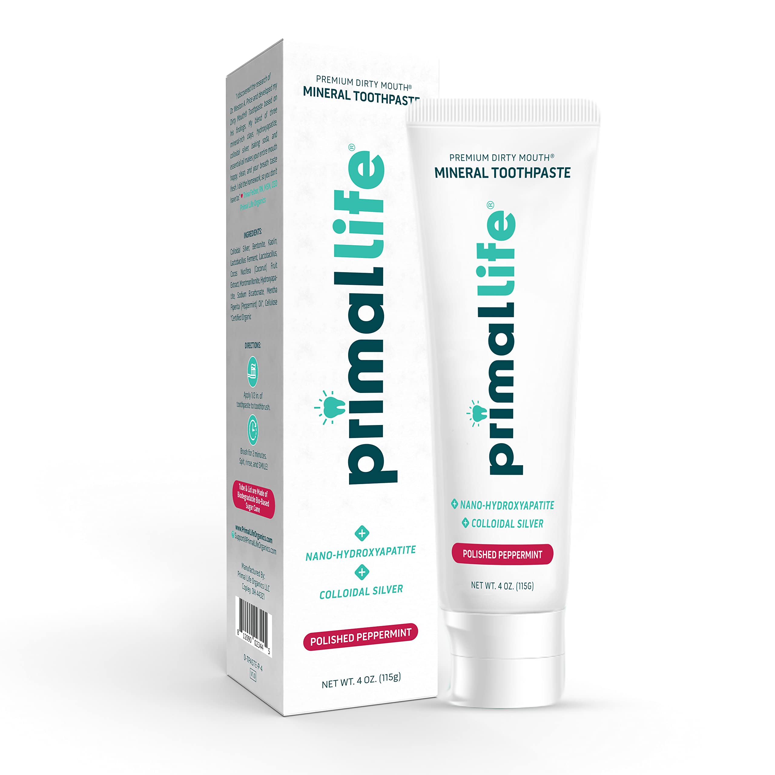 Primal Life Organics Premium Dirty Mouth Mineral Toothpaste - Nano-Hydroxyapatite, Colloidal Silver, Charcoal - Organic, All Natural Whitening Formula (Spearmint Flavor, 4 Oz)
