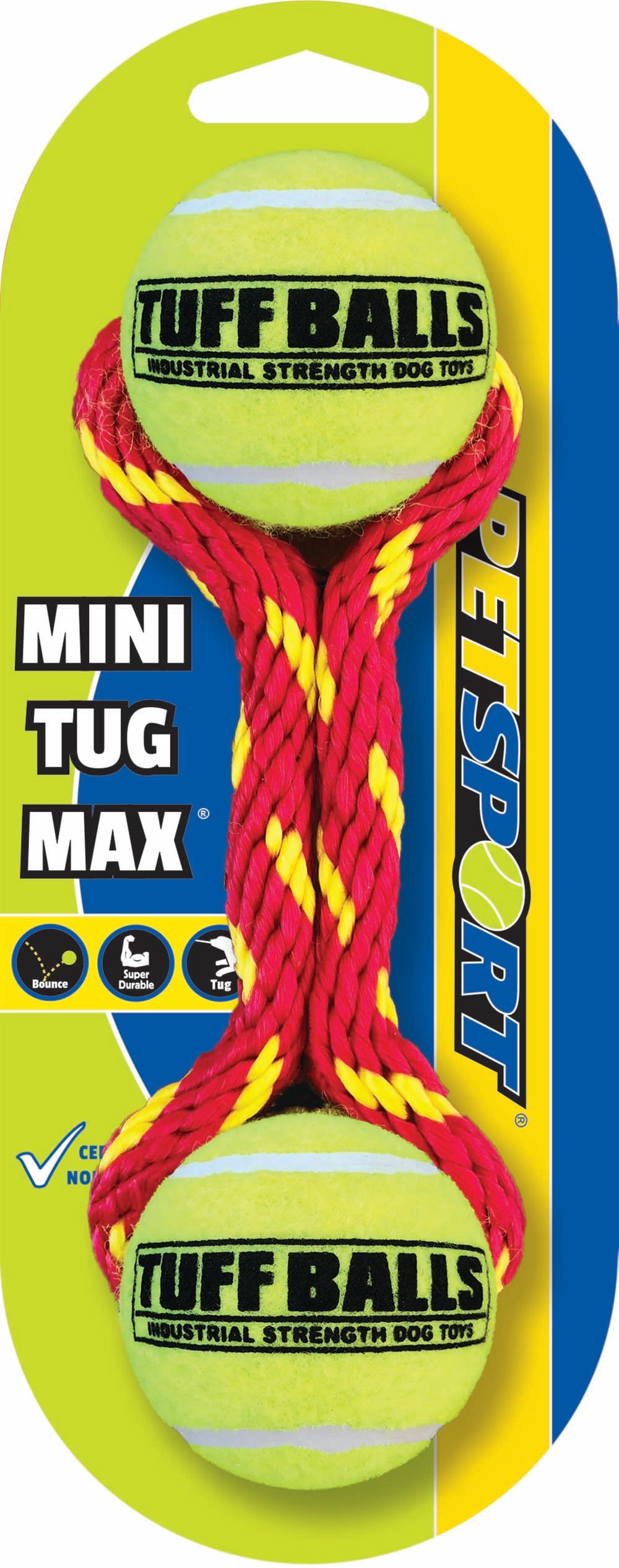 PetSport Tug Max Dog Toys | 9" Heavy Duty Braided Rope with Two 2.5" Tuff Durable Tennis Balls, Colors Will Vary (Pack of 1)