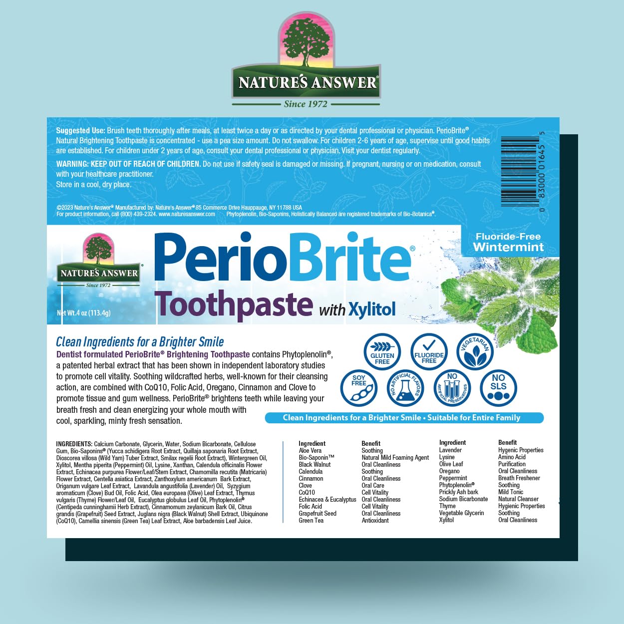 Nature's Answer PerioBrite Toothpaste, Cool Mint, 4-Ounce (Pack of 2) Fluoride Free with CoQ10 & Folic Acid | Whitens Teeth | Freshens Breath | Removes Plaque | Minimizes Dry Mouth