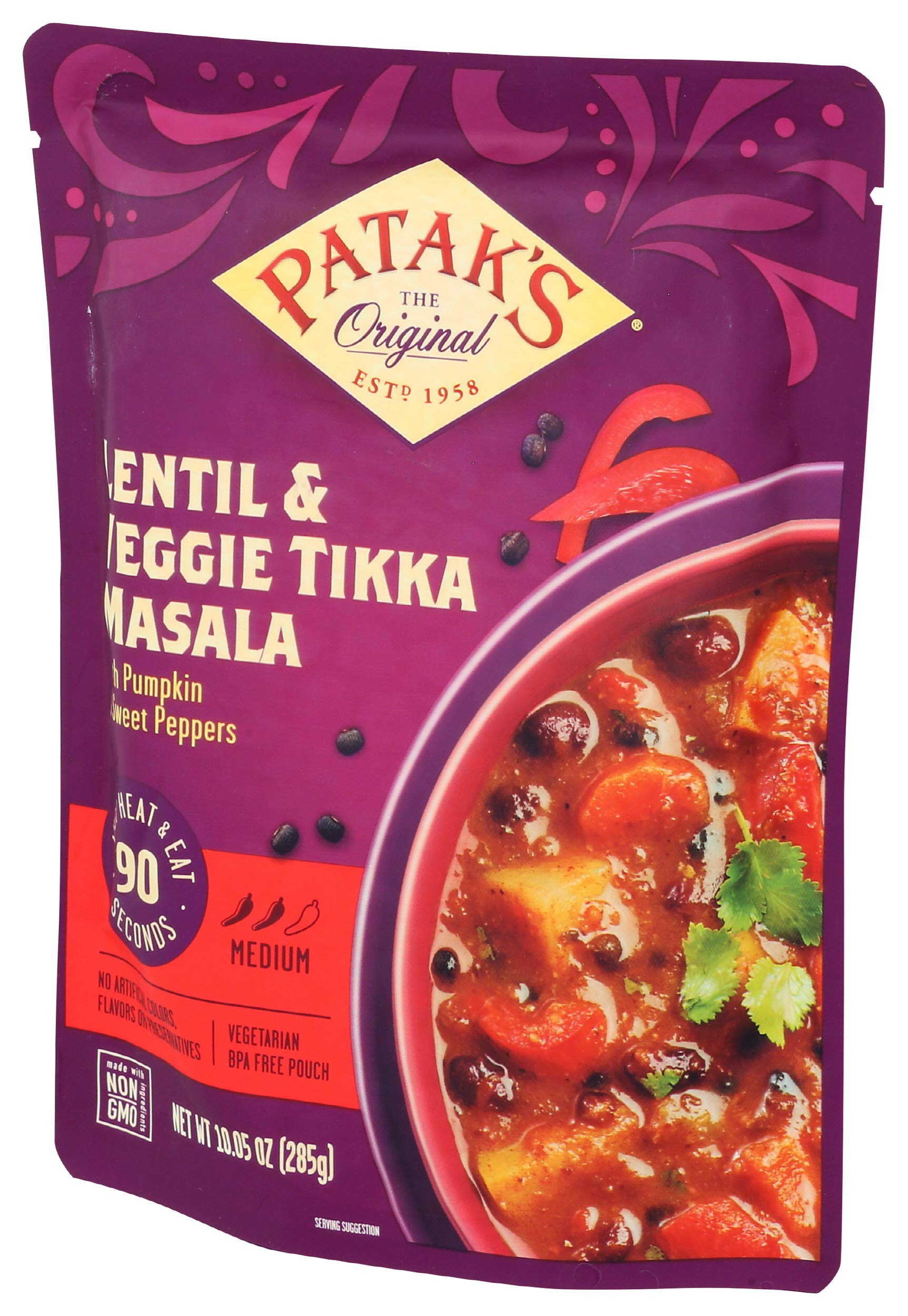 Patak’s Lentil & Veggie Tikka Masala - Vegetarian Indian Curry w/Lentils, Beans, Pumpkin, Sweet Potatoes & Vegetables - Ready-to-Eat Microwaveable Meal - Serve with Rice or Naan - 10.5oz (Pack of 6)