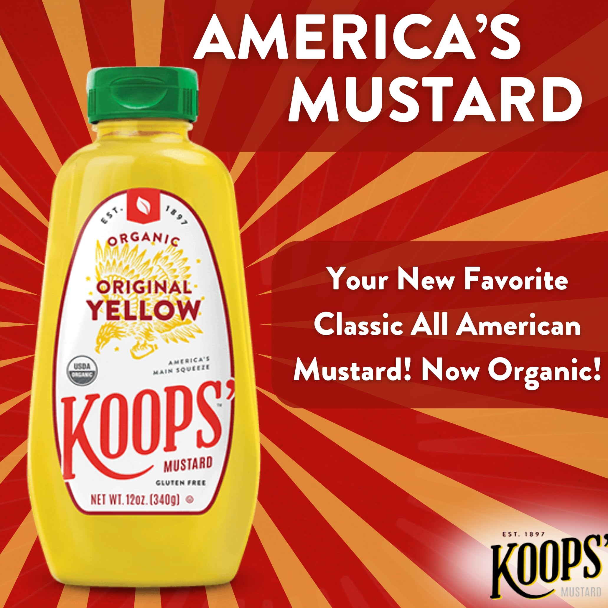 Koops' Organic Stone Ground Mustard – Old-Fashioned Mustard, Gluten-Free, Kosher, Non-GMO, USDA Certified Organic Mustard, Made in USA, From Quality Mustard Seeds – 12 Oz, Pack of 1