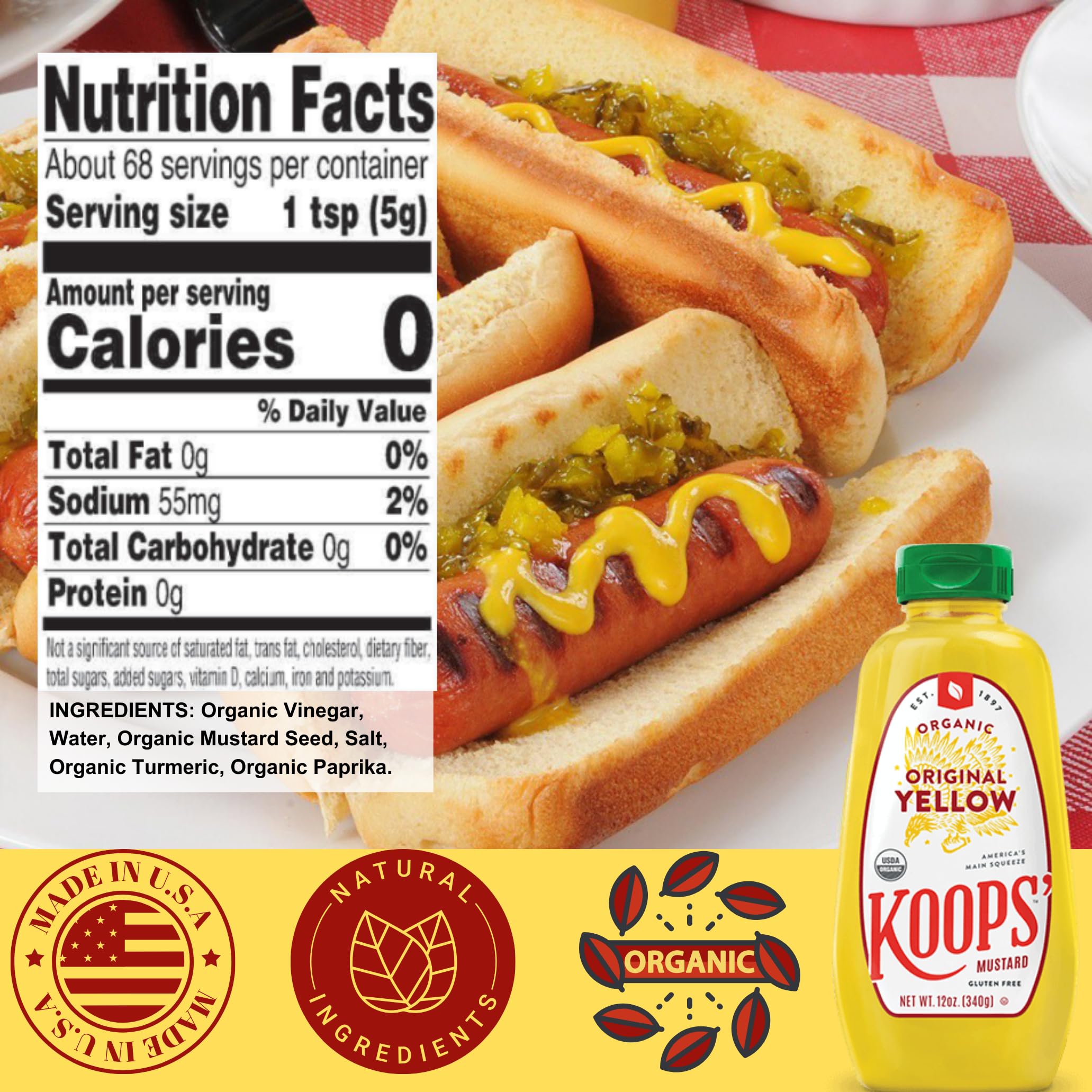 Koops' Organic Stone Ground Mustard – Old-Fashioned Mustard, Gluten-Free, Kosher, Non-GMO, USDA Certified Organic Mustard, Made in USA, From Quality Mustard Seeds – 12 Oz, Pack of 1