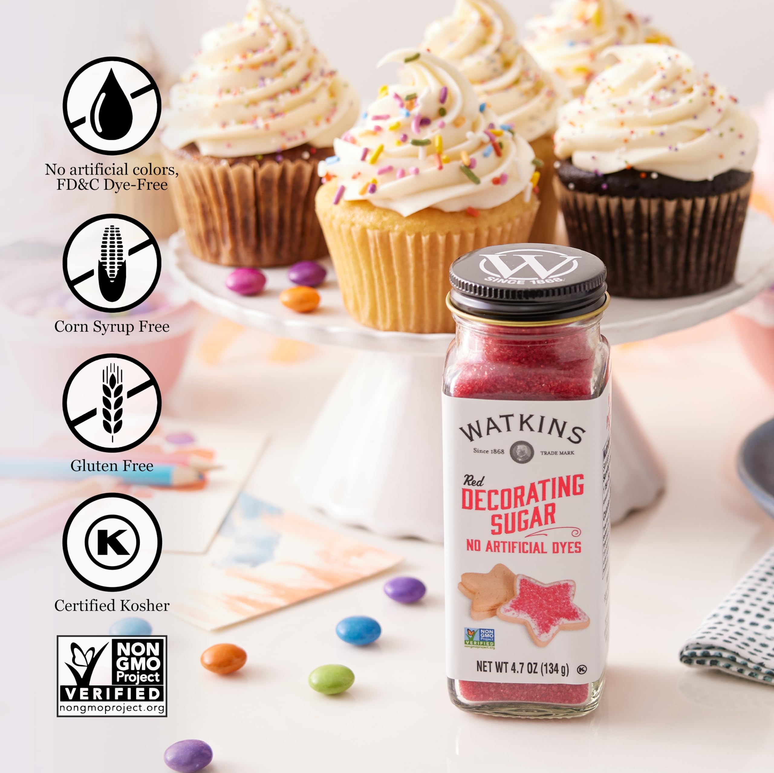 Watkins Red Decorating Sugar, Non-GMO, Kosher, 4.7 Ounce Jar, 1-Pack