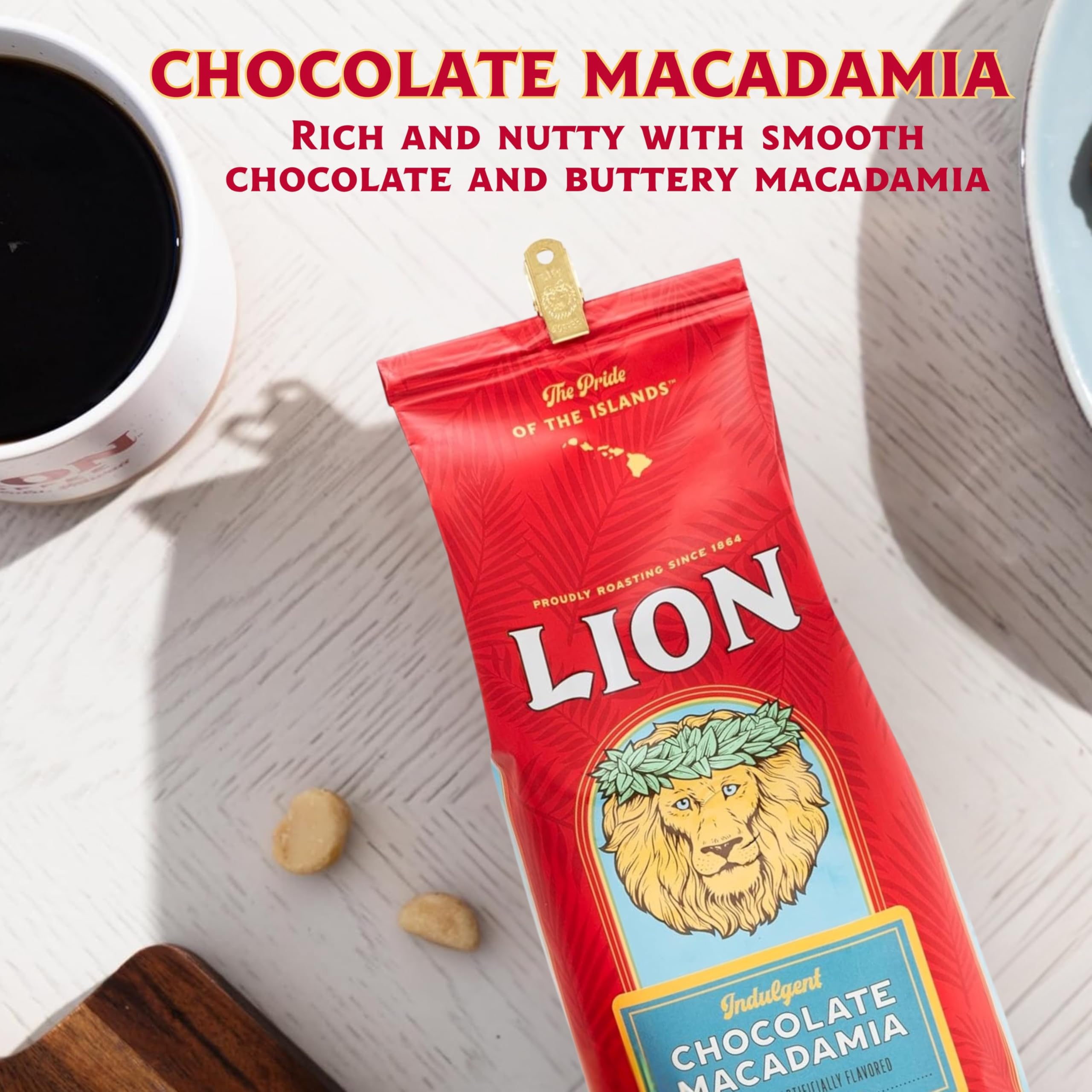 Lion Coffee Vanilla Macadamia Flavored Ground Coffee, Light Roast, Hawaiian Inspired Taste - 10 Ounce Bag