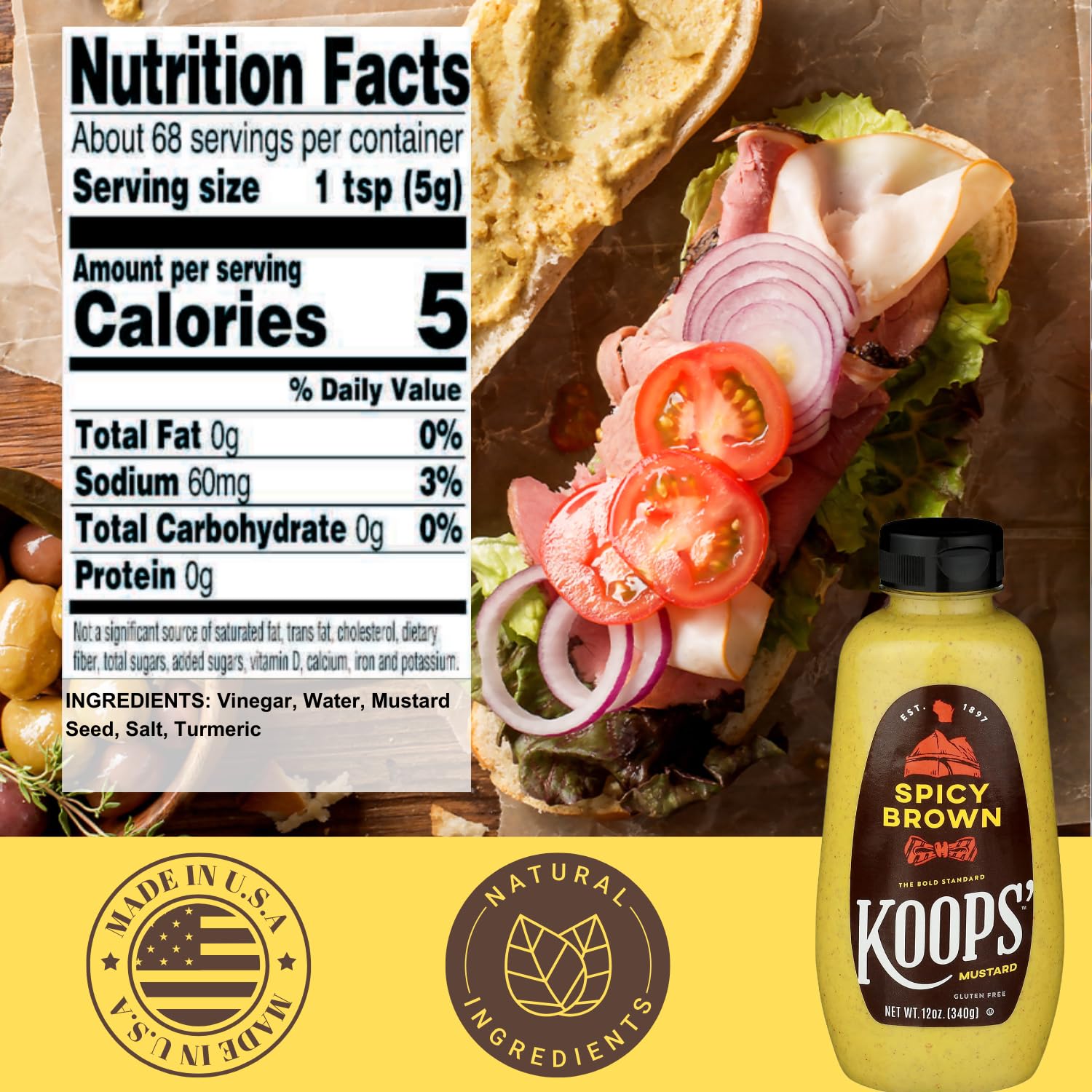 Koops' Organic Stone Ground Mustard – Old-Fashioned Mustard, Gluten-Free, Kosher, Non-GMO, USDA Certified Organic Mustard, Made in USA, From Quality Mustard Seeds – 12 Oz, Pack of 1