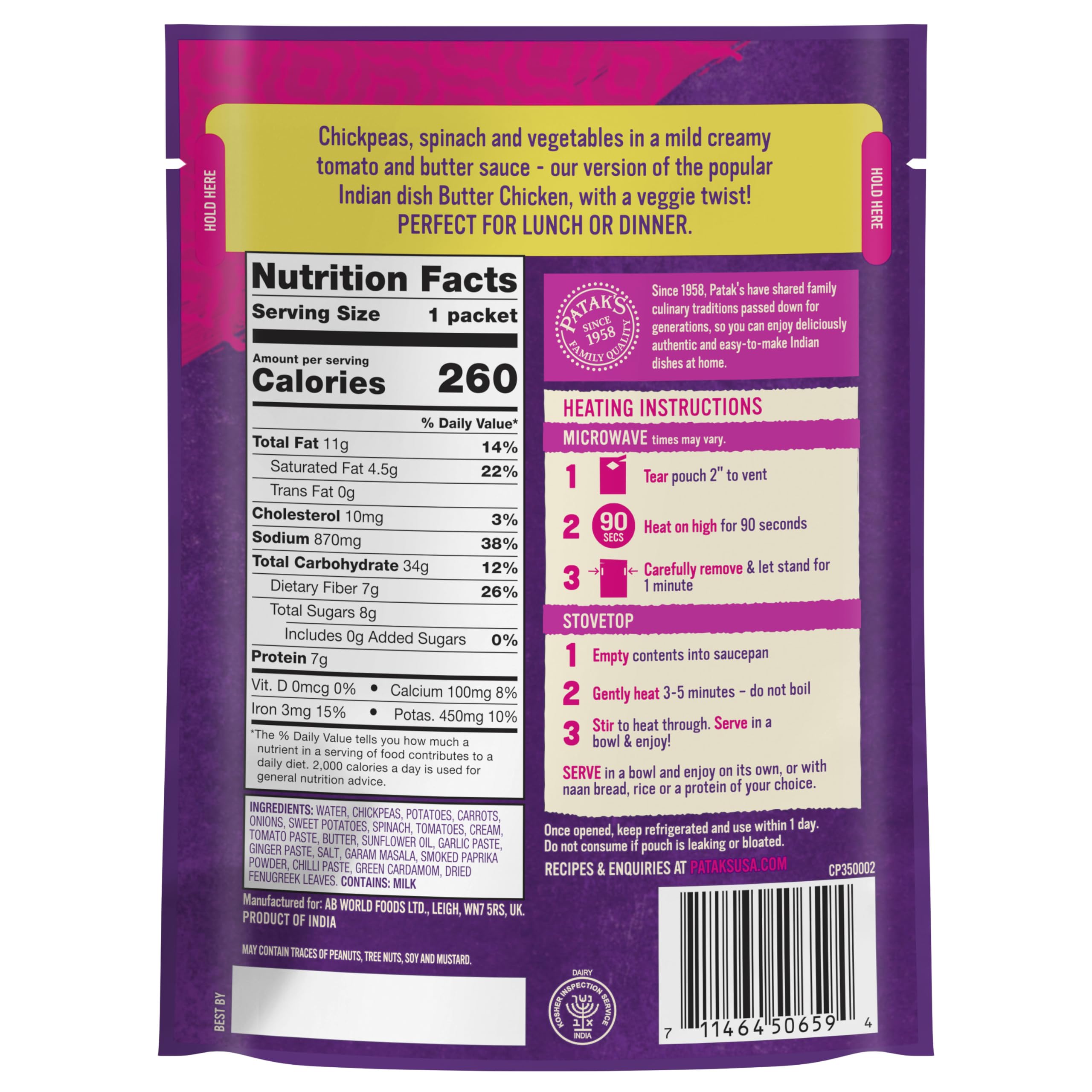 Patak’s Lentil & Veggie Tikka Masala - Vegetarian Indian Curry w/Lentils, Beans, Pumpkin, Sweet Potatoes & Vegetables - Ready-to-Eat Microwaveable Meal - Serve with Rice or Naan - 10.5oz (Pack of 6)