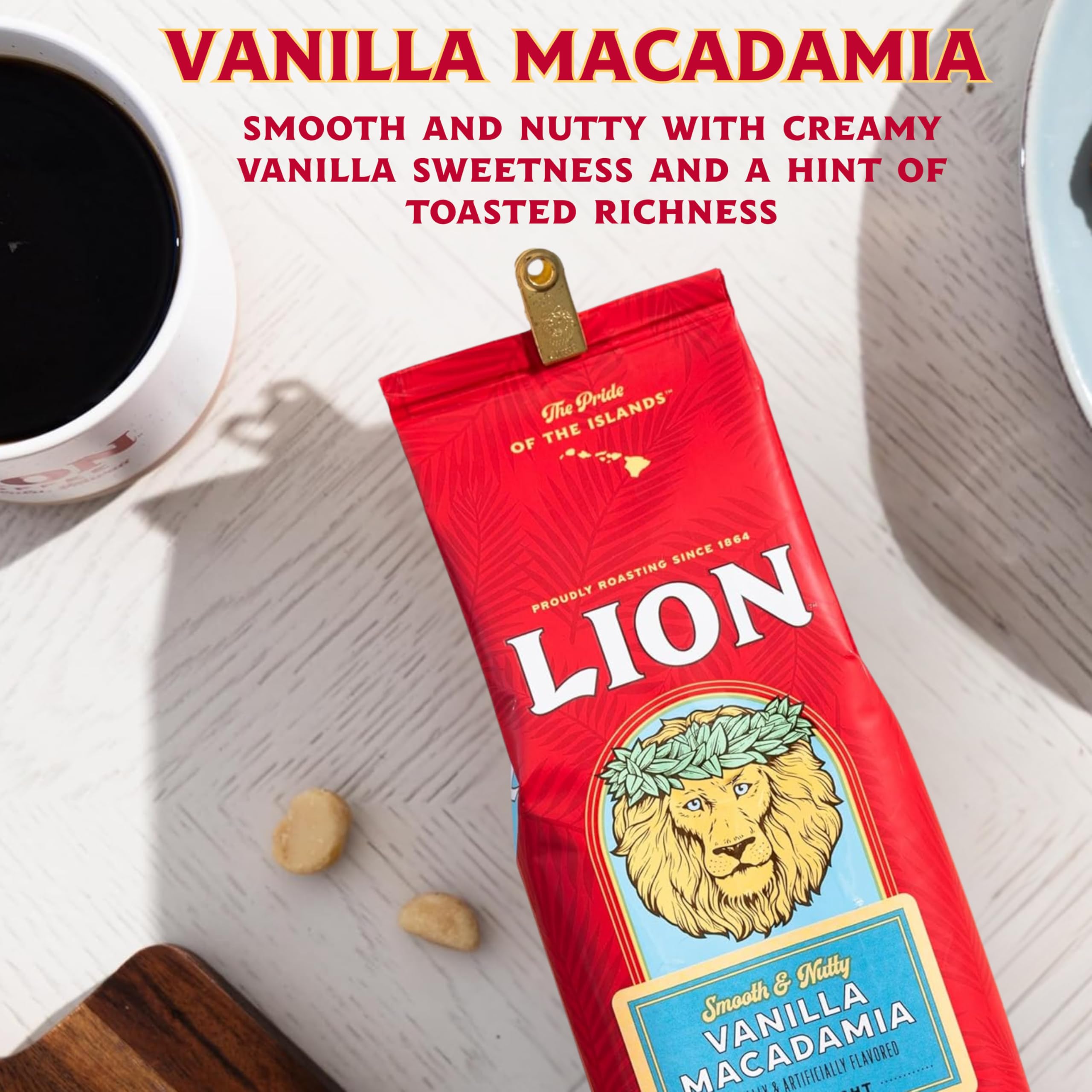 Lion Coffee Vanilla Macadamia Flavored Ground Coffee, Light Roast, Hawaiian Inspired Taste - 10 Ounce Bag