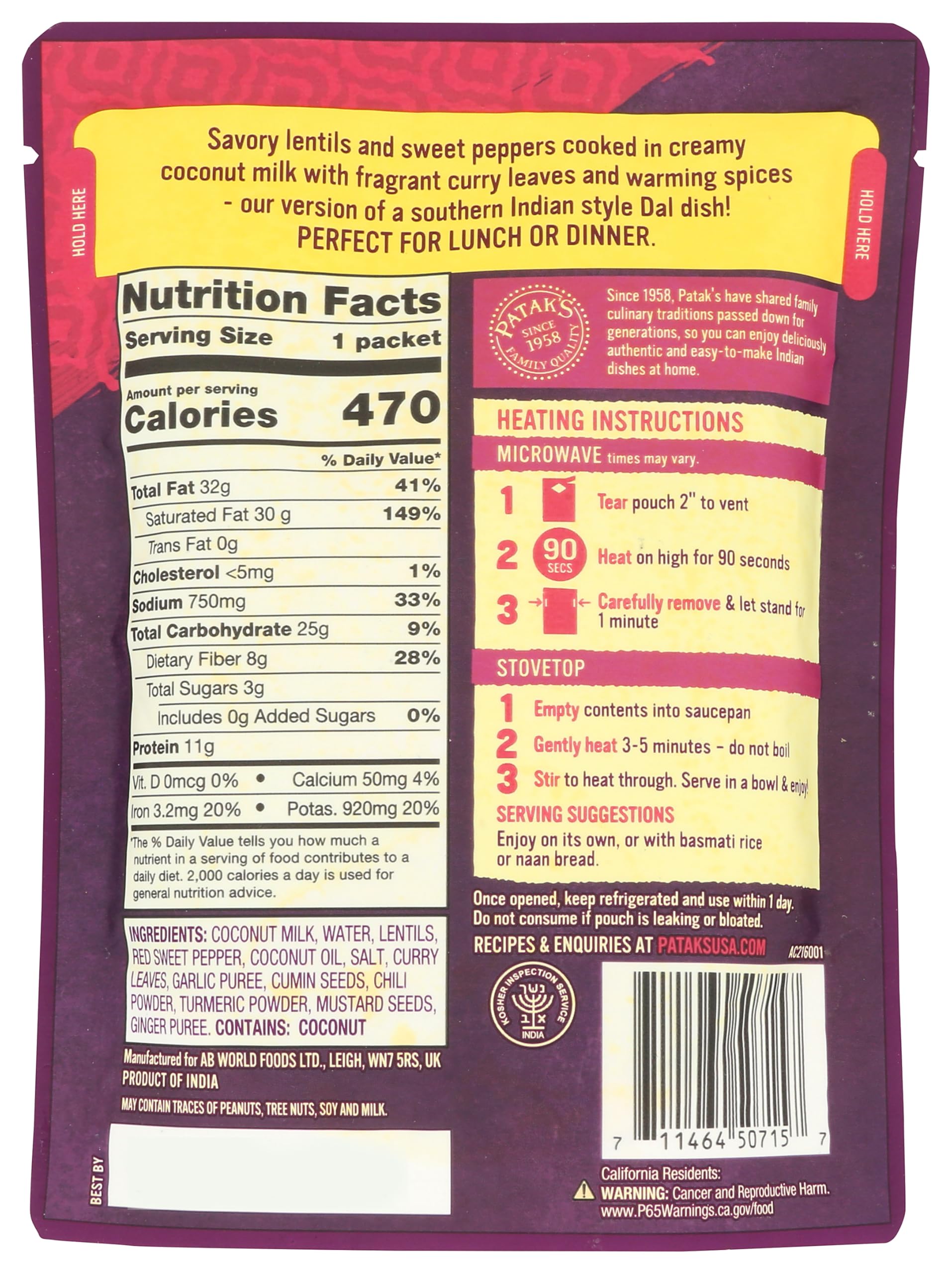 Patak’s Lentil & Veggie Tikka Masala - Vegetarian Indian Curry w/Lentils, Beans, Pumpkin, Sweet Potatoes & Vegetables - Ready-to-Eat Microwaveable Meal - Serve with Rice or Naan - 10.5oz (Pack of 6)