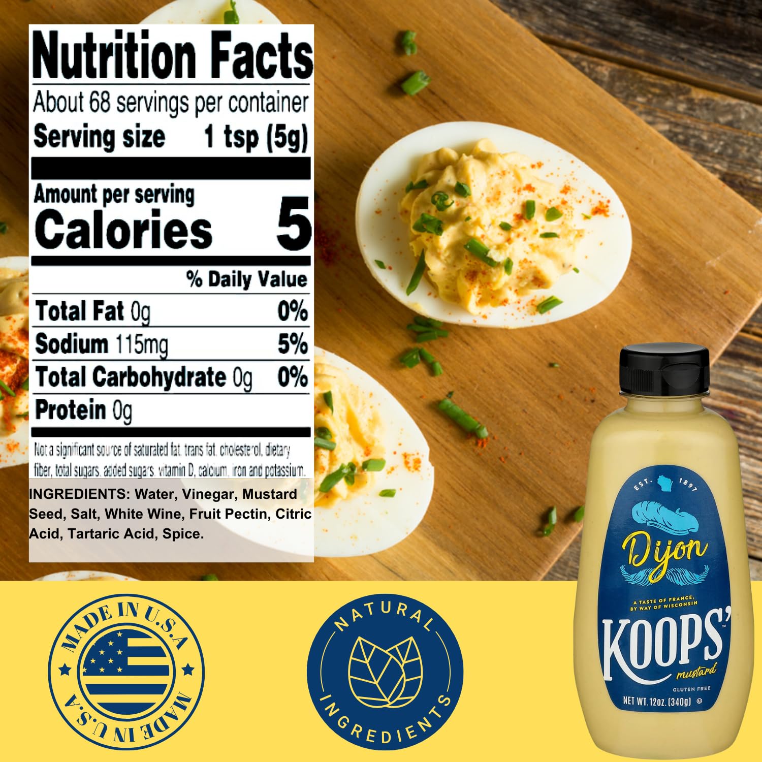 Koops' Organic Stone Ground Mustard – Old-Fashioned Mustard, Gluten-Free, Kosher, Non-GMO, USDA Certified Organic Mustard, Made in USA, From Quality Mustard Seeds – 12 Oz, Pack of 1
